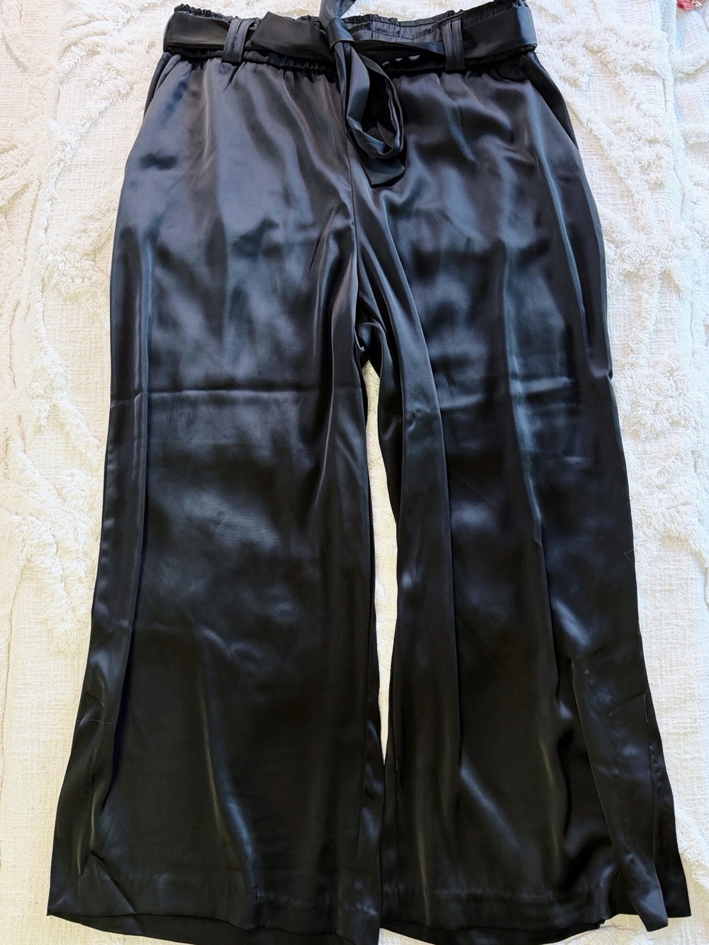Joie Black Satin Wide Leg Pants M Medium Paperbag Waist Belt NWOT